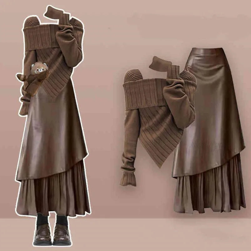 Scarf Slim Knitted Sweater+Irregular Half Skirt Two Piece Set