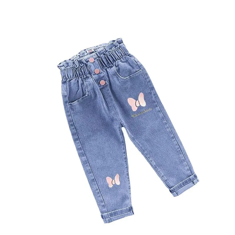 Korean version Children's Jeans 2026 Spring Autumn Season New Girls' High Waist Elastic Love Cat Printed Jeans Infant Pants