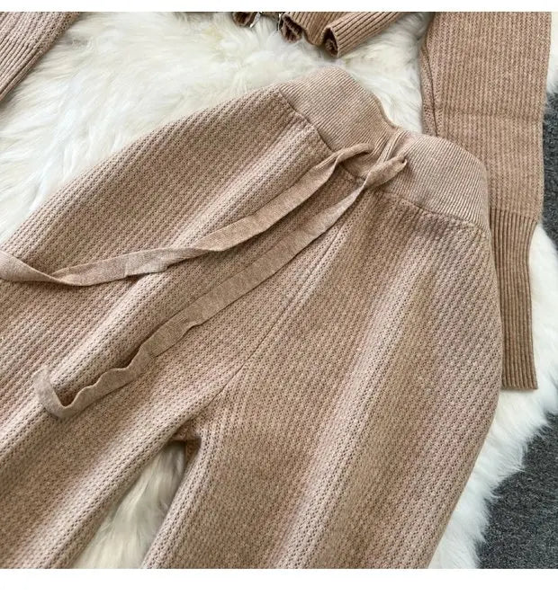 Zipper Hooded Slim Fit Knitted Sweatshirt Set