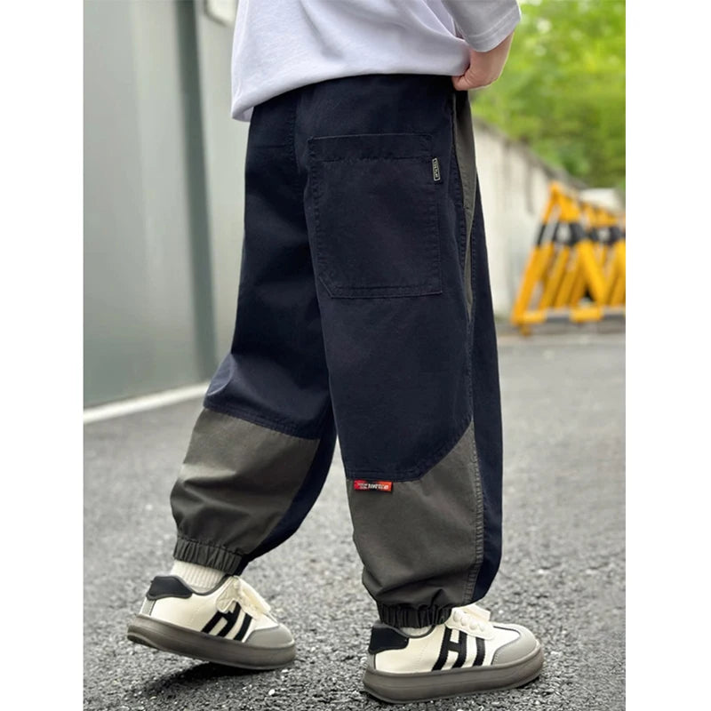 New Spring Autumn Fashion Splicing Style Boys Pants Loose Patchwork Sport Overalls Cargo Trousers For 4-14 Years Old Kids