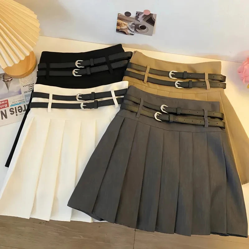 Double Belt Pleated Skirt