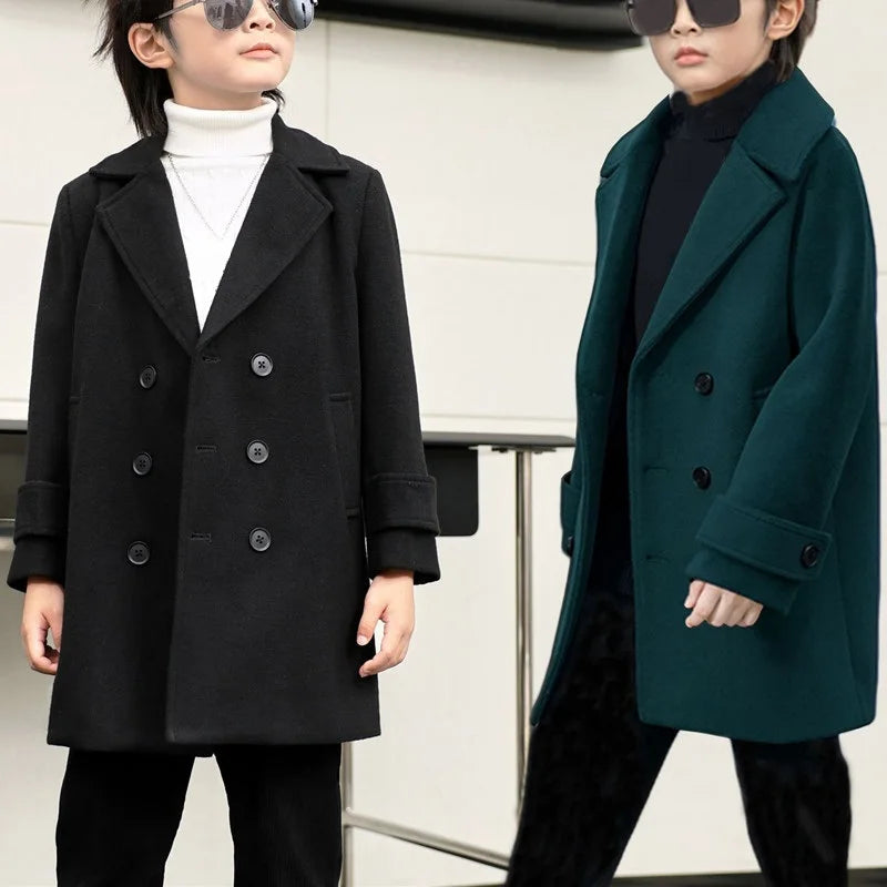Boys Autumn Winter Double-breasted Coat Kids Solid Woolen Jacket Children Outerwear Toddler Teenager Overcoat 6 8 10 12 14 Years
