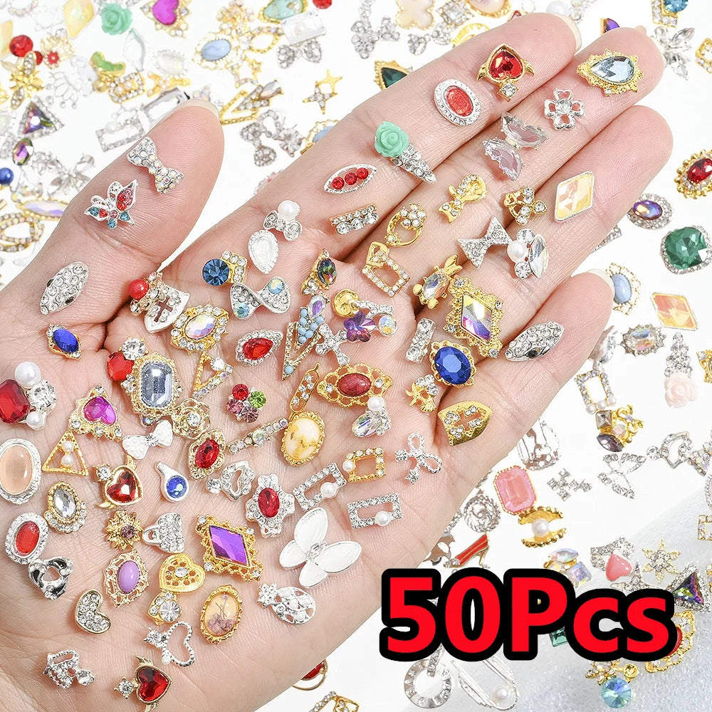50Pcs 3D Mixed Random Luxury Nail Charms Metal Gold/Silver Butterfly/Bowknot Nail Art Decoration With Crystal Manicure Jewelry