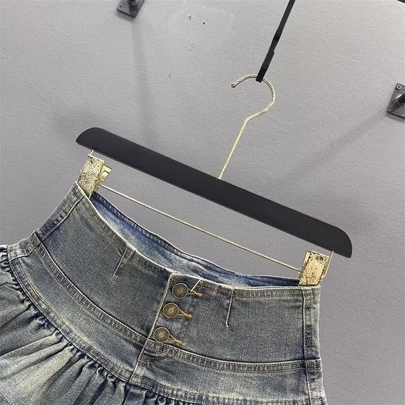 Denim Pleated Skirt Lace Fold Design A-line Short Skirt Built in Shorts