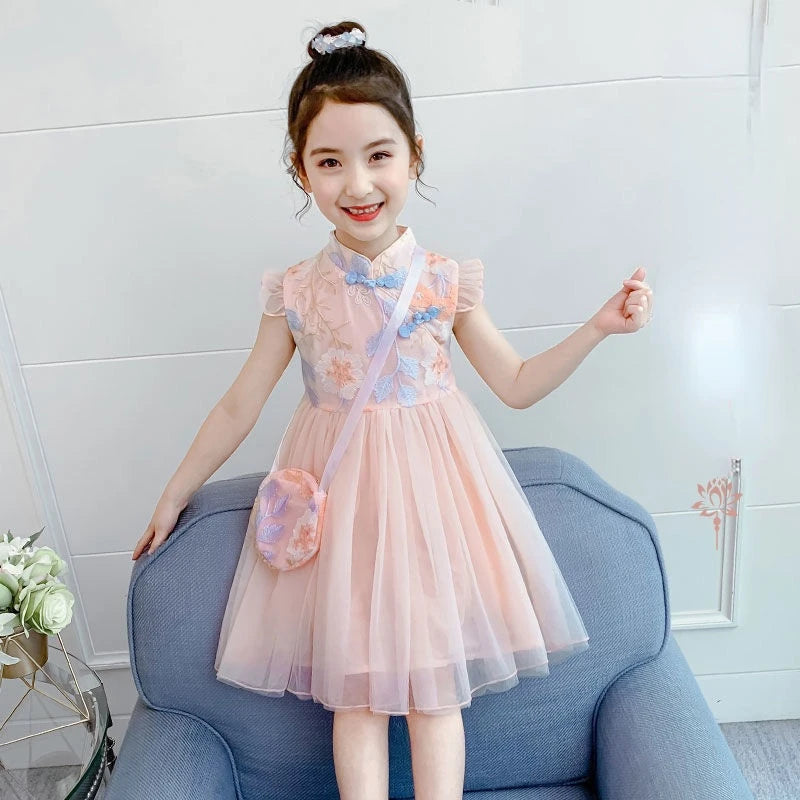 Girls Dress Summer Clothes Hanfu New Fashion Children's Vintage Net Yarn Dress Kids Girls Dresses for School Wedding of 12 Years