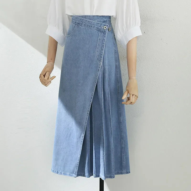 Irregular Pleated Denim Skirt