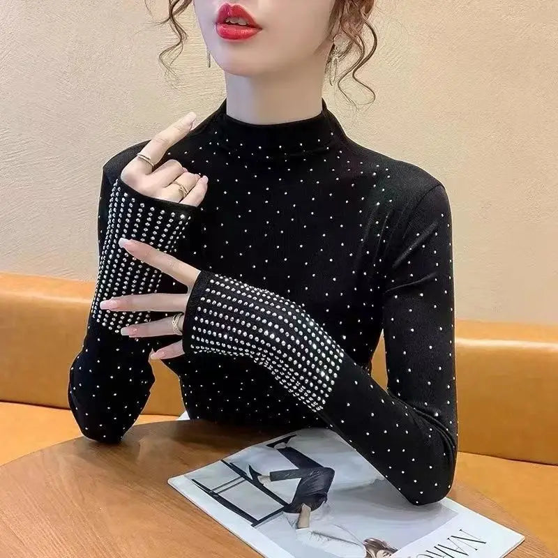 Rhinestone Half High Collar Basic T-Shirt