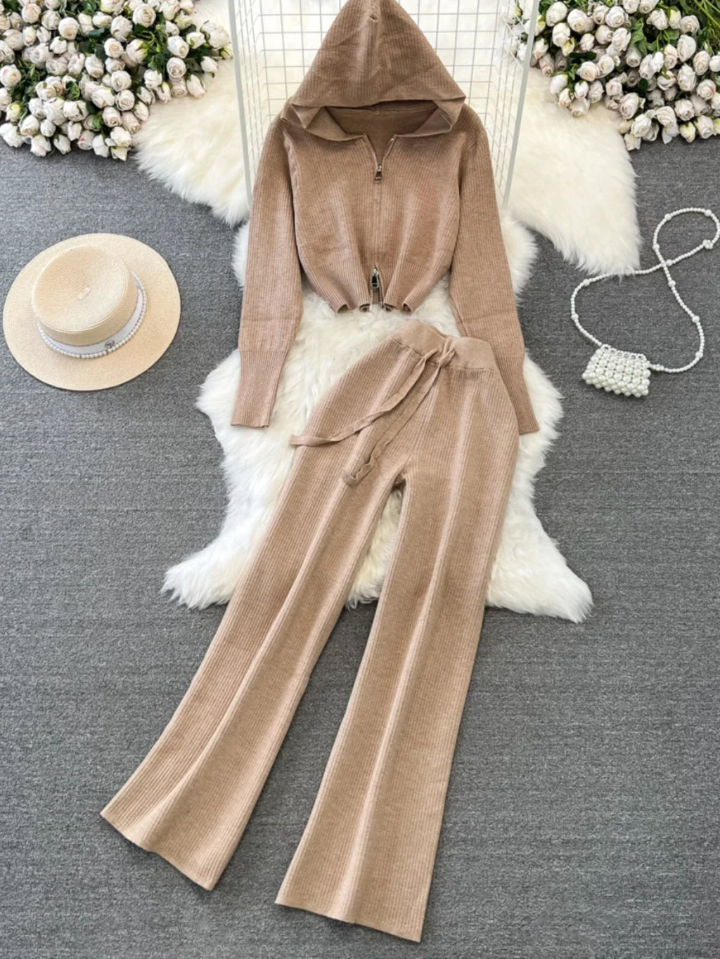 Zipper Hooded Slim Fit Knitted Sweatshirt Set