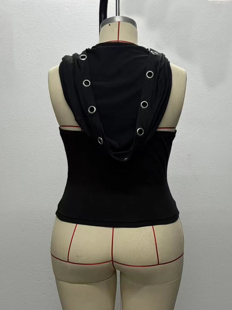 Hooded With Metal Rings Sleeveless Top