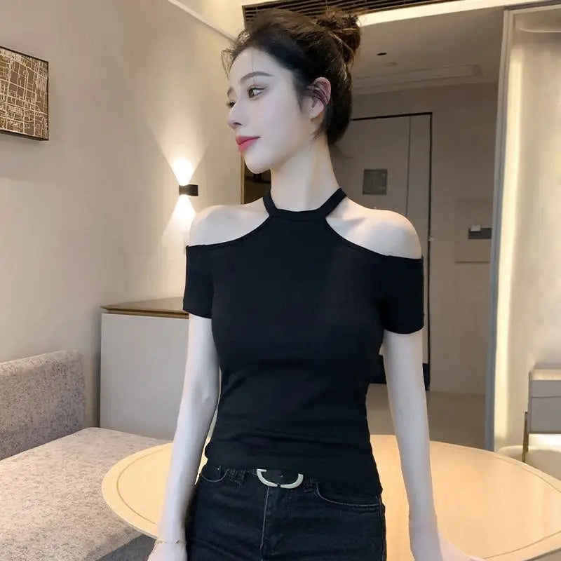 Halter Off Shoulder Short Sleeve T-Shirt