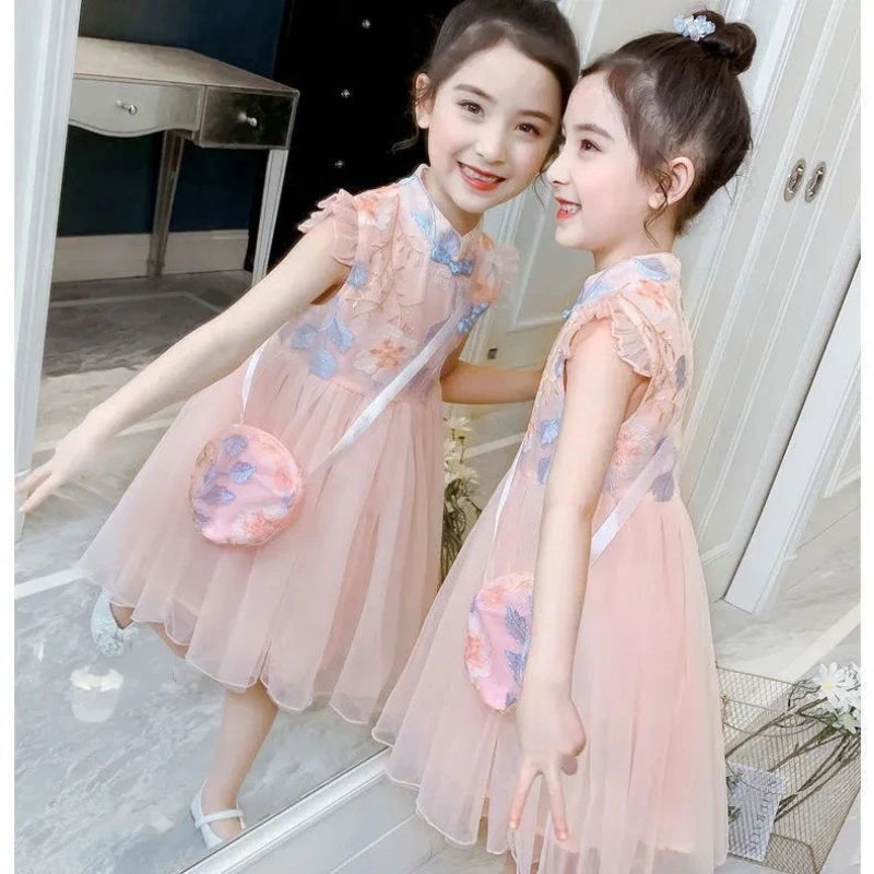 Girls Dress Summer Clothes Hanfu New Fashion Children's Vintage Net Yarn Dress Kids Girls Dresses for School Wedding of 12 Years