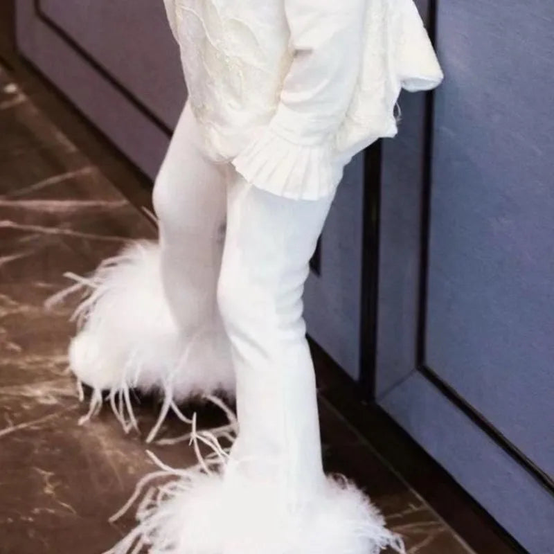 Fashion Baby Girl Princess Cotton Detachable Feather Flared Pant Infant Toddler Child Trousers Spring Autumn Baby Clothes 1-10Y