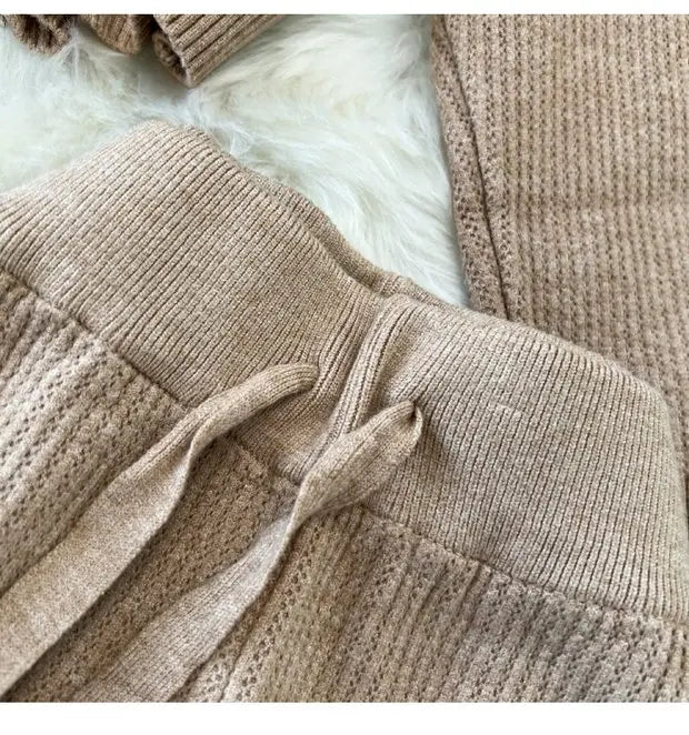 Zipper Hooded Slim Fit Knitted Sweatshirt Set