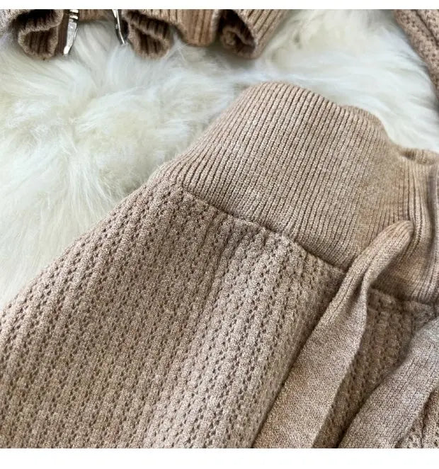 Zipper Hooded Slim Fit Knitted Sweatshirt Set