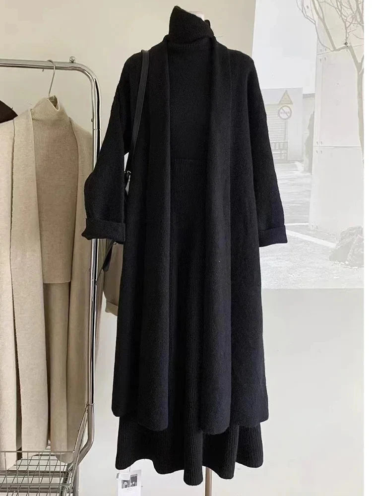Knitted Skirt Sets Long Cardigans + Turtleneck Sweater Vest + Maxi Skirt