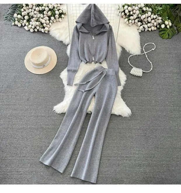 Zipper Hooded Slim Fit Knitted Sweatshirt Set