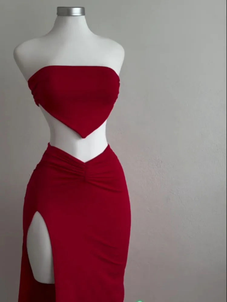 Strapless Backless Crop Top High Waist Skirt 2 Piece Set