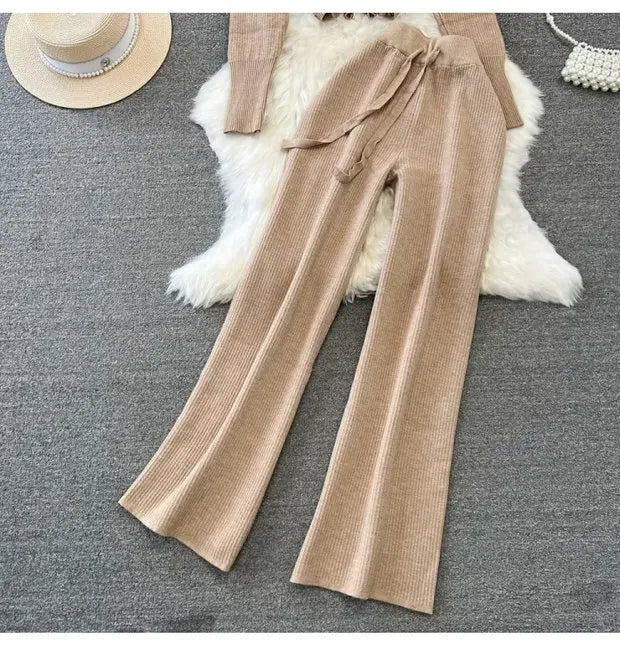 Zipper Hooded Slim Fit Knitted Sweatshirt Set