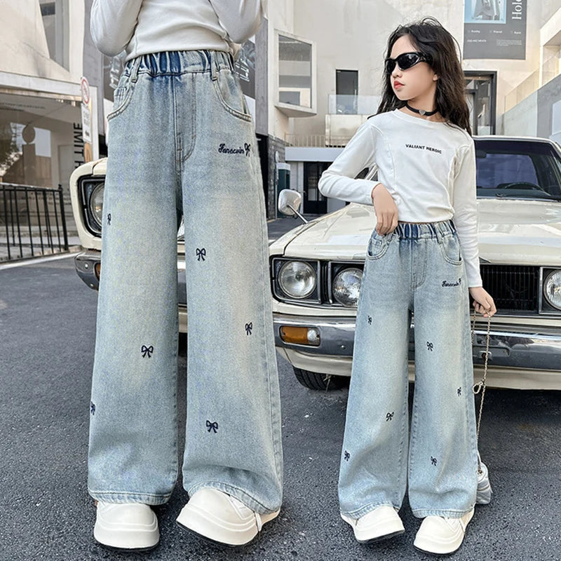 Girls' Wide-Leg Light Wash Denim Jeans with Bow Embroidery