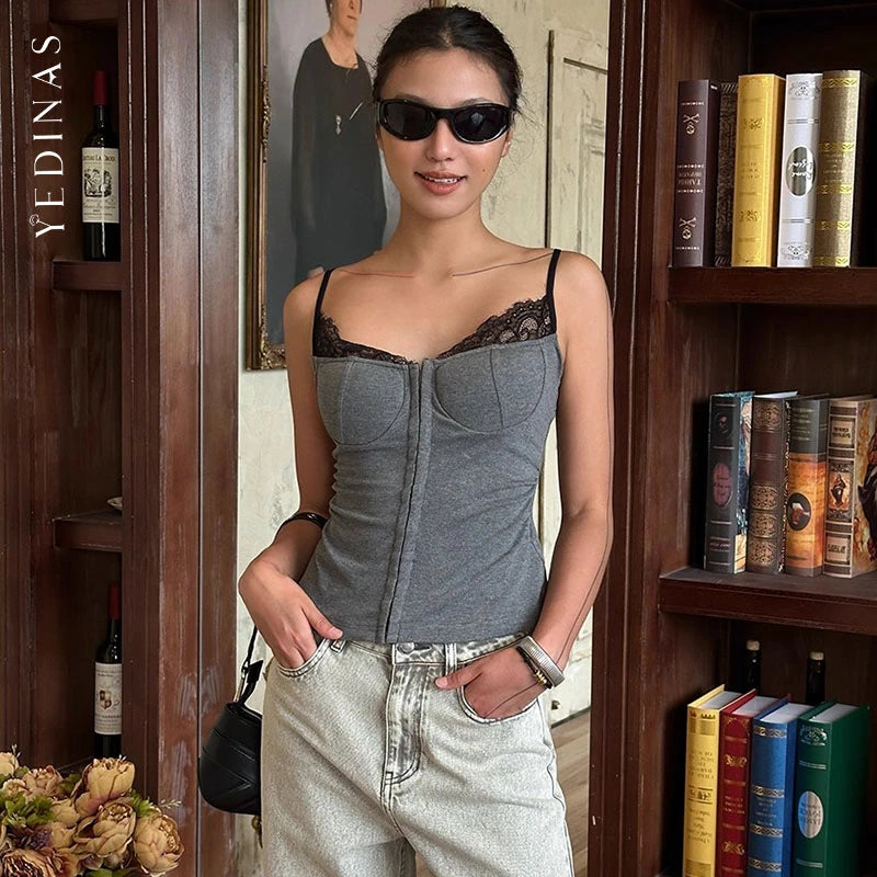 Yedinas Patchwork Lace Camis Sleevless Summer Tops Streetwear Sexy & Club Tank Tops 2000s Clothes Y2k Korean Fashion Camisole