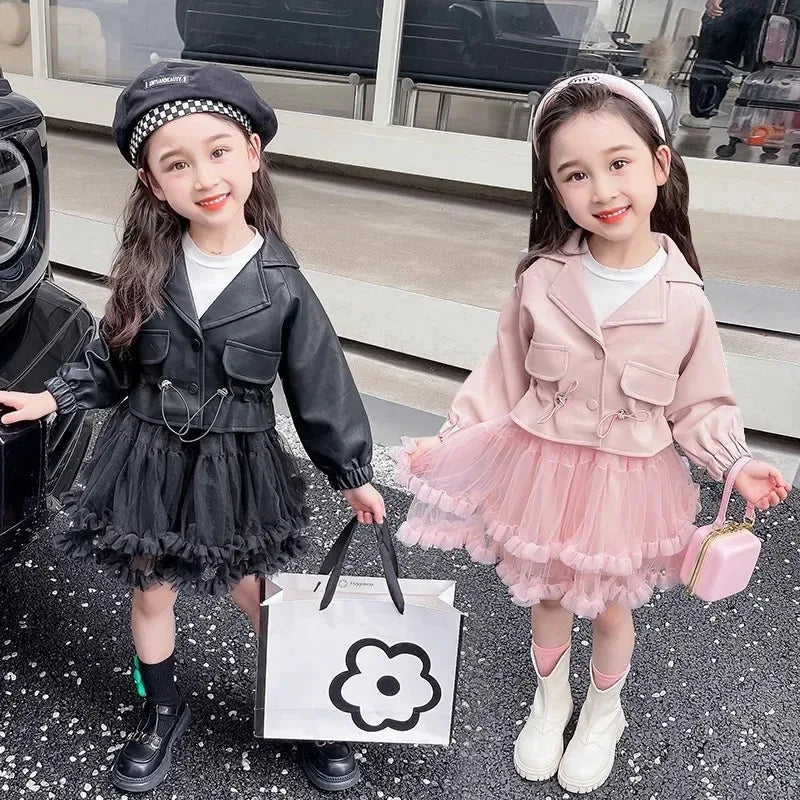 Girl Clothes Suit Autumn 2023 New Baby Foreign Style Small Fragrant Wind Leather Coat Dress Two-piece Set Kid Clothes Suit