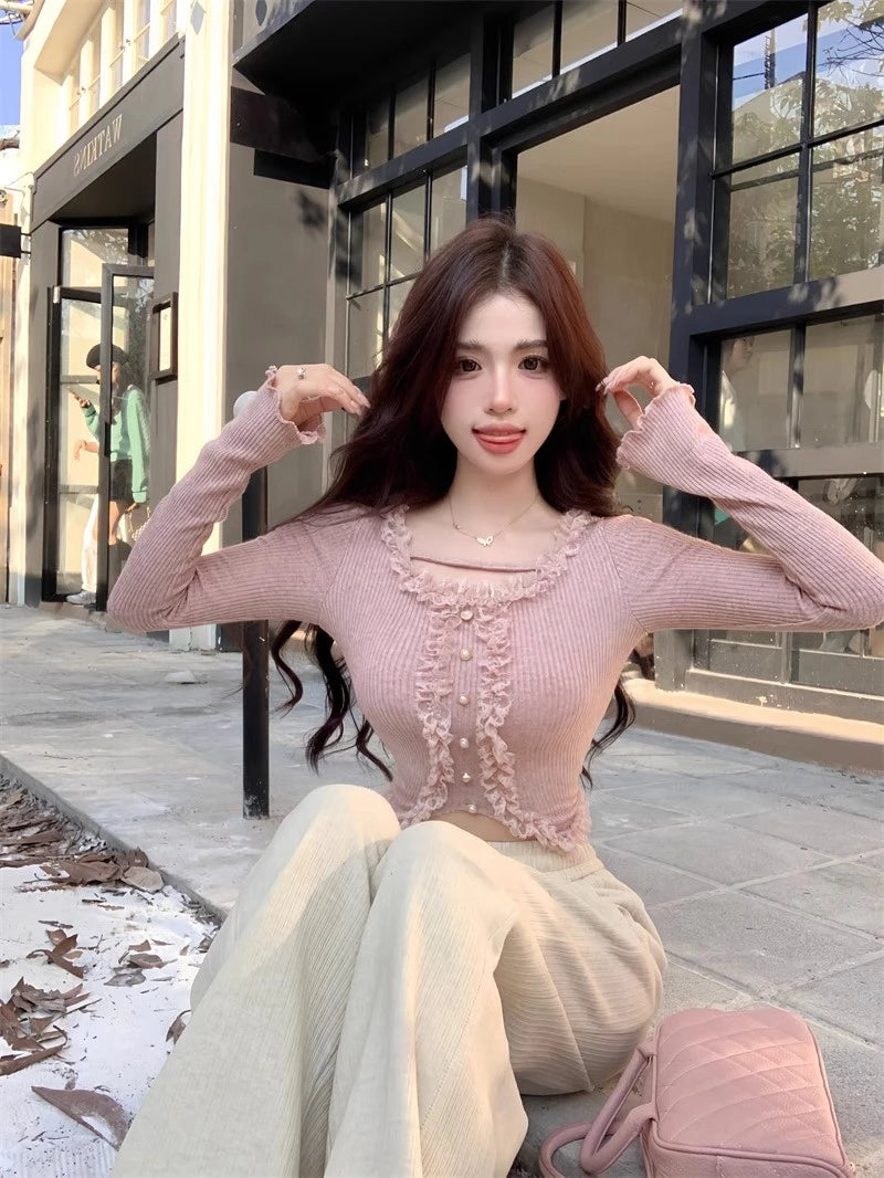 Square Collar Lace Basic Crop Top