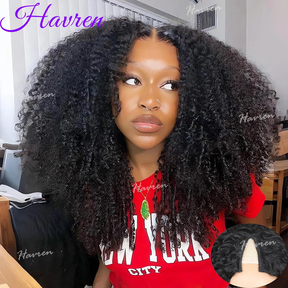V Part Wig Human Hair Kinky Curly Wig