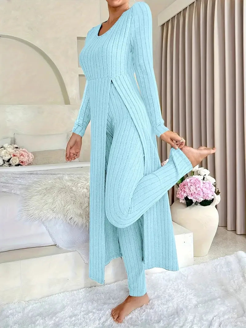 Super Long Slit Top Slim Trousers Two-Piece Set