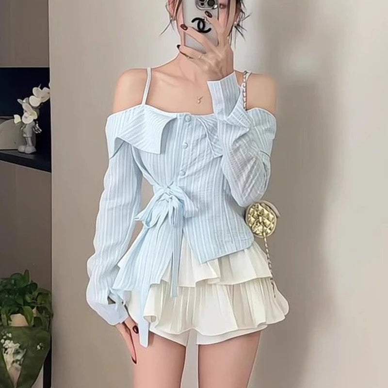 Blue Off Shoulder Irregular Slash Neck Long Sleeve Blouse