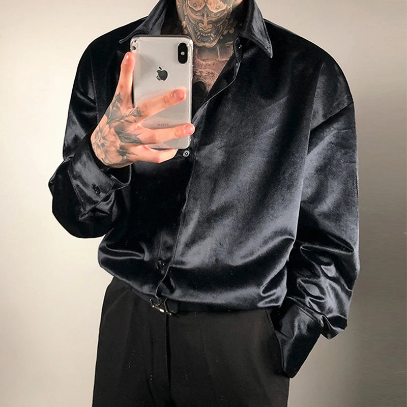 Velvet Solid Color Turn-Down Collar Buttoned Casual Shirt