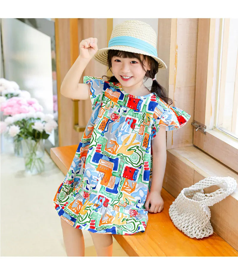 Girl Dresses100% Cotton Children's Clothing Summer Kids Clothes Girls Party Princess Fashion Outfit Flower Pattern Beach Dresses