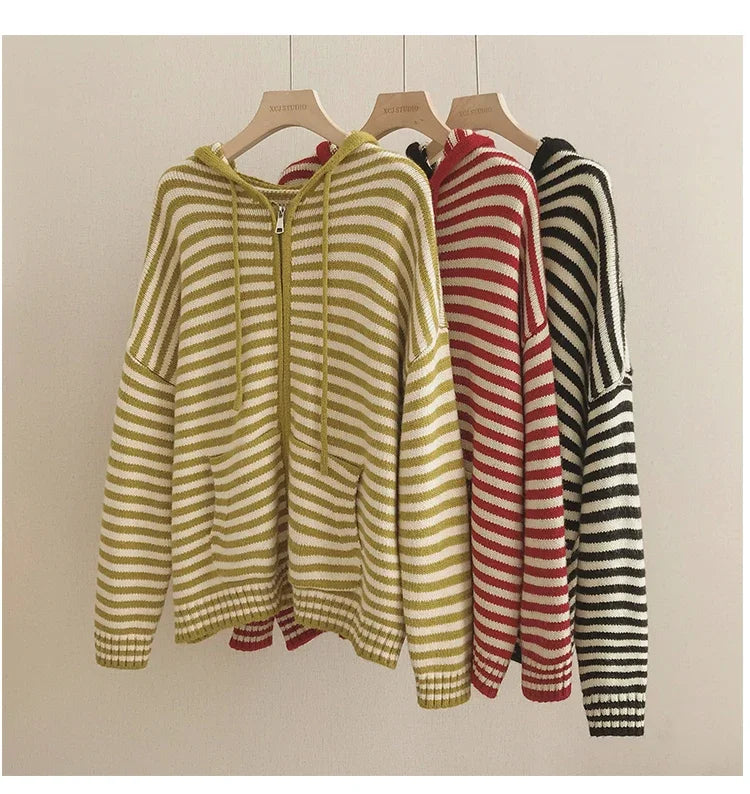 Contrast Color Stripe Hood Knit Cardigan Women Autumn and Winter New Loose Design Sense Long Sleeve Cardigan Sweater Outerwear