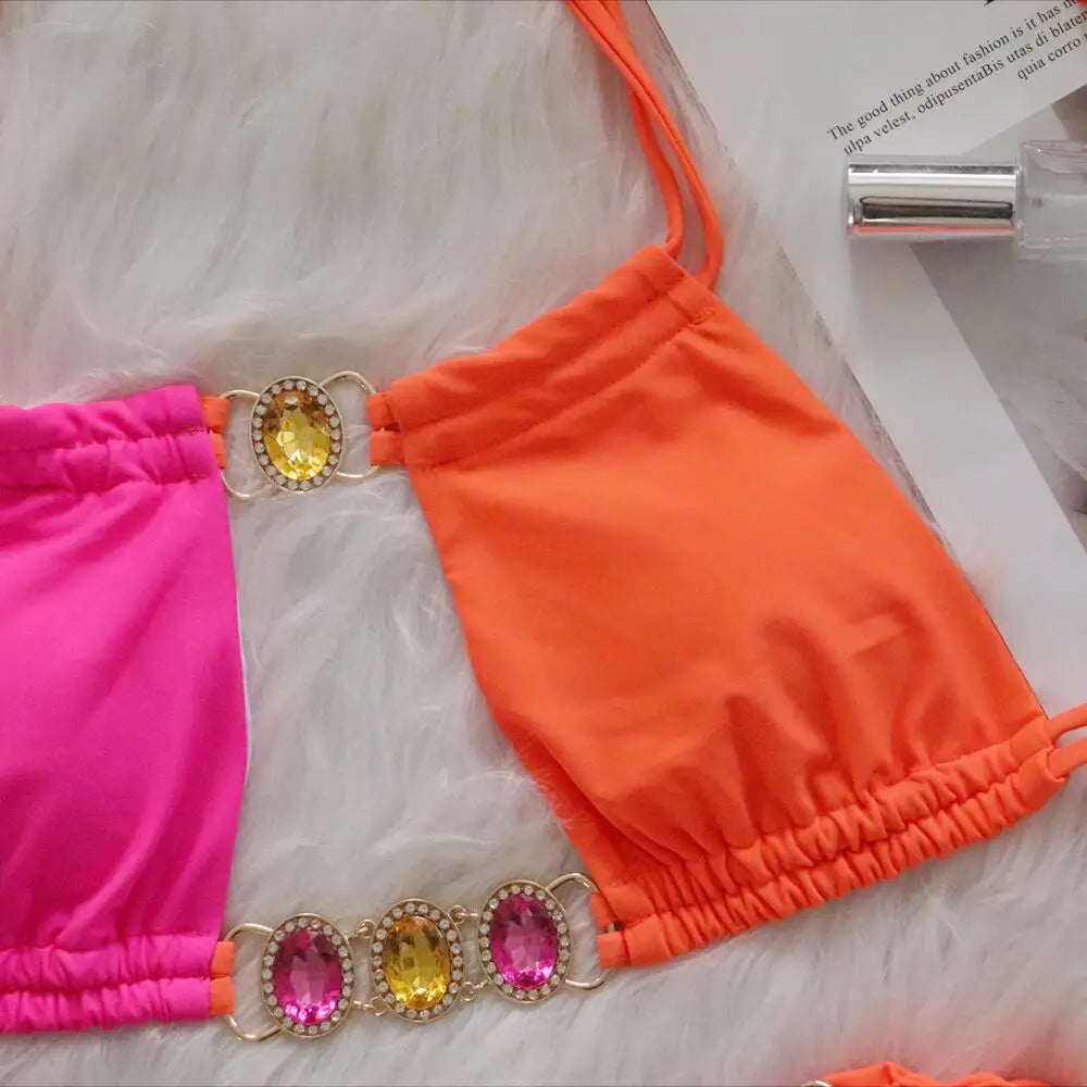 Rhinestones Splicing Bikini Set