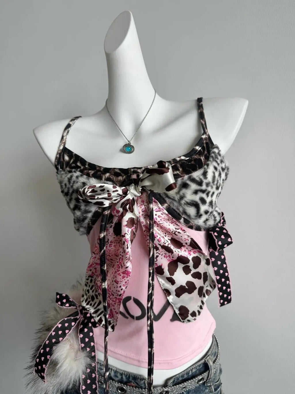 Retro Leopard Print Love Polka Dot Bowknot Suspender Top