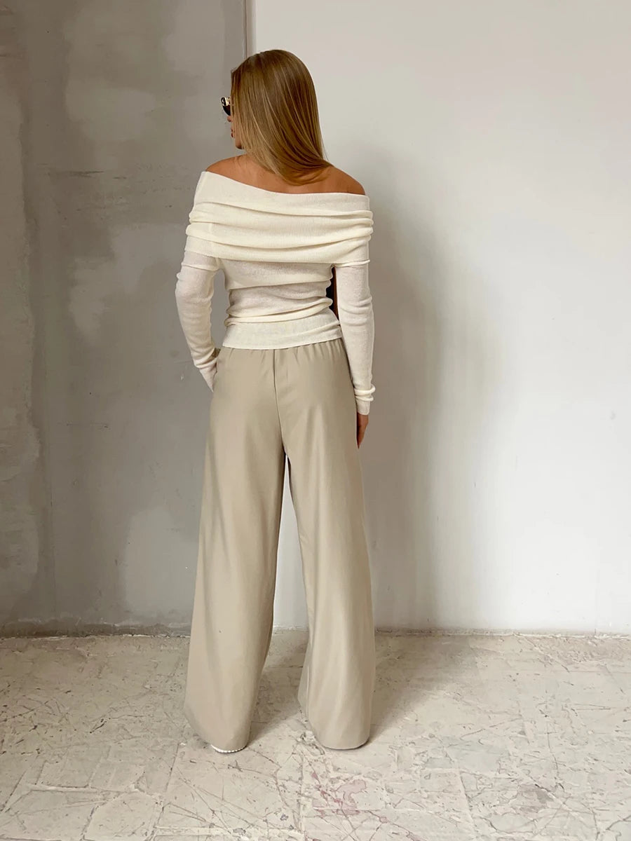 Women Knitted Wool T-shirt Slim Fit Long Sleeve Autumn Winter Chic Off Shoulder Basic Sweater Streetwear Pullovers