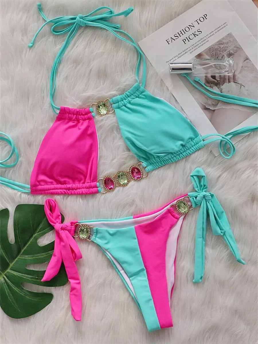 Rhinestones Splicing Bikini Set