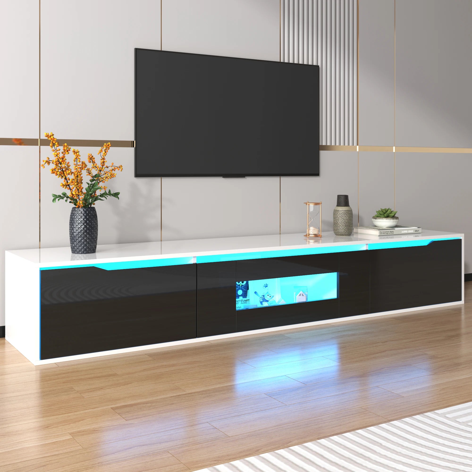 Anajqaqia 180×30×35 cm TV Cabinet, High GlossTV Stands, Modern TV Cabinet with Color Changing LED Lighting and Storage Space