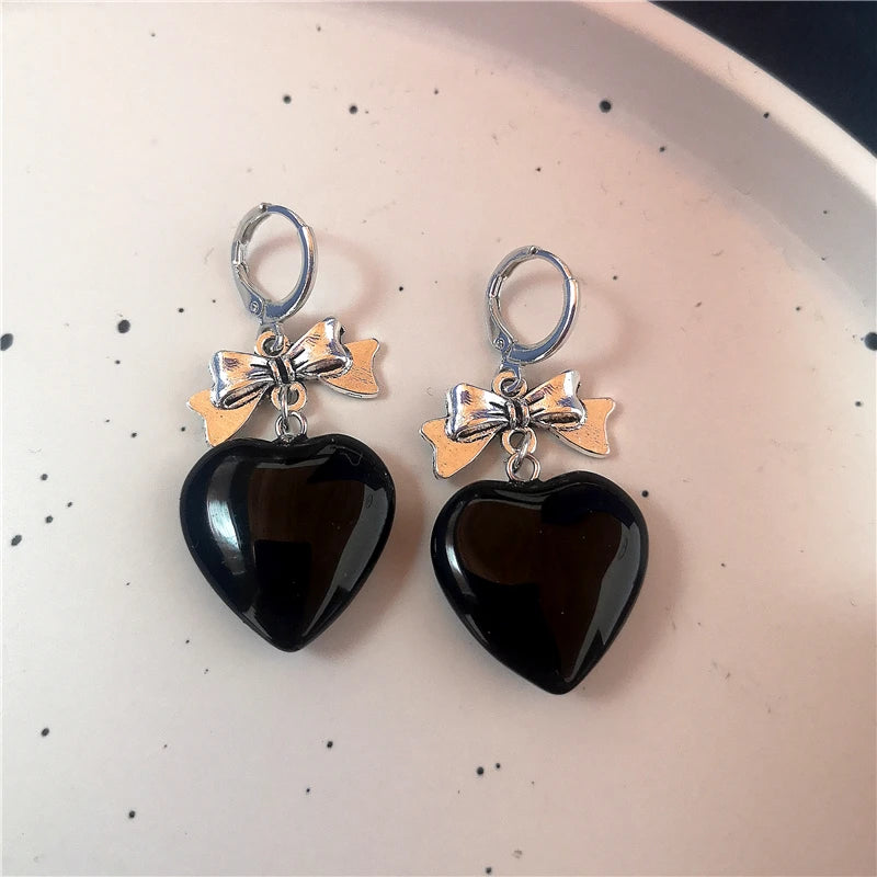 Goth Vintage Cute Bowknot Pink Strawberry Heart Star Pendant Earrings Egirl Gothic 2000s Y2K EMO Rave Jewelry Scene Accessories