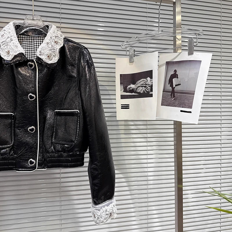 Lace Collar PU Leather Single-Breasted Jacket
