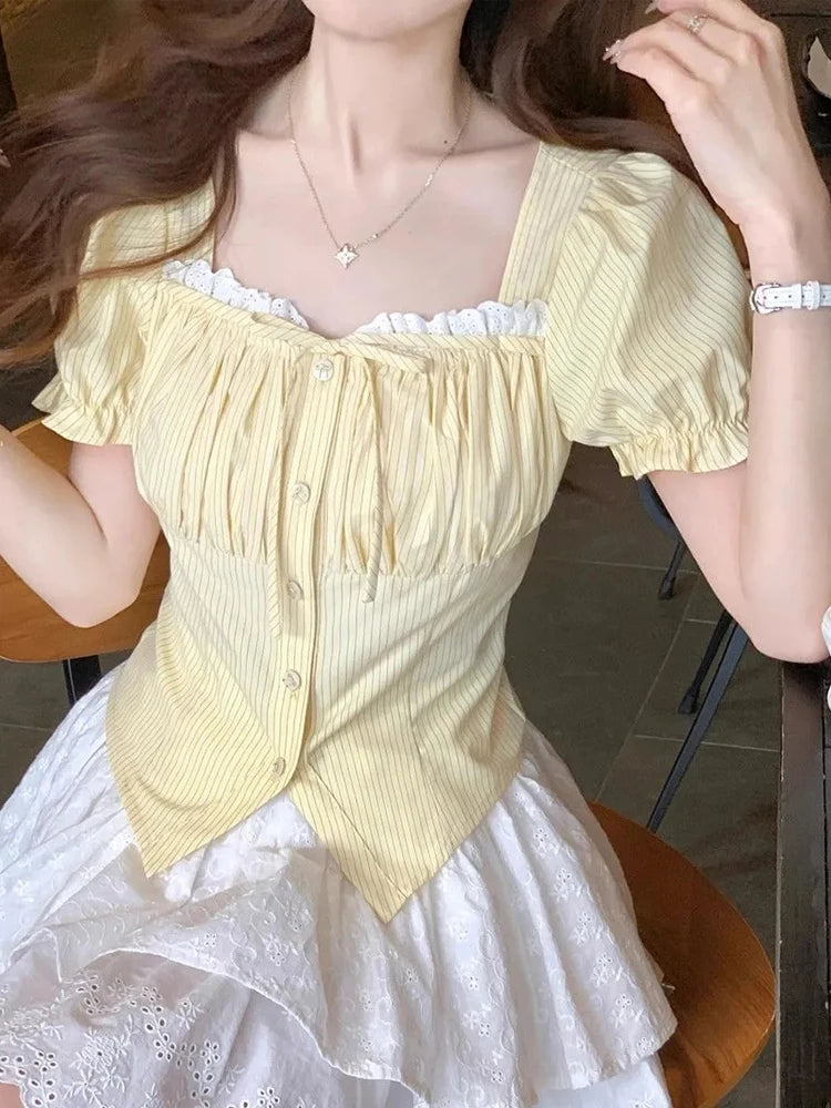 Zoki Sweet Yellow Striped Shirt Women Casual Vintage Square Collar Slim Blouse Korean Preppy Style Puffy Sleeve Elegant Tops New