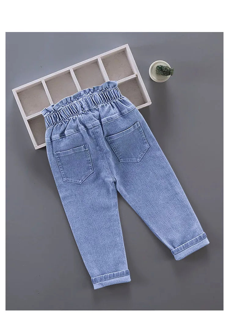 Korean version Children's Jeans 2026 Spring Autumn Season New Girls' High Waist Elastic Love Cat Printed Jeans Infant Pants
