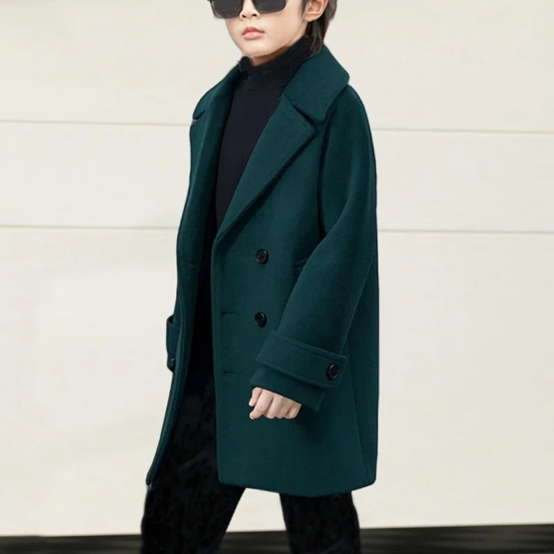 Boys Autumn Winter Double-breasted Coat Kids Solid Woolen Jacket Children Outerwear Toddler Teenager Overcoat 6 8 10 12 14 Years