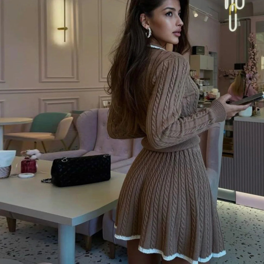 Patchwork Contrast Long Sleeve Lapel Pullover And High Waist Mini Skirt Outfit