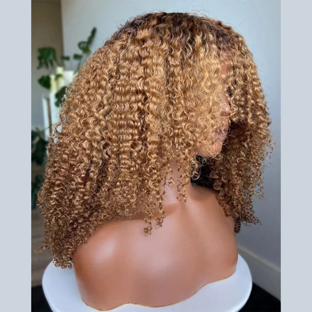 Honey Blonde Wig Burmesee Curll With Bangs 7x5  Transpaernt Lace Glueless Wig