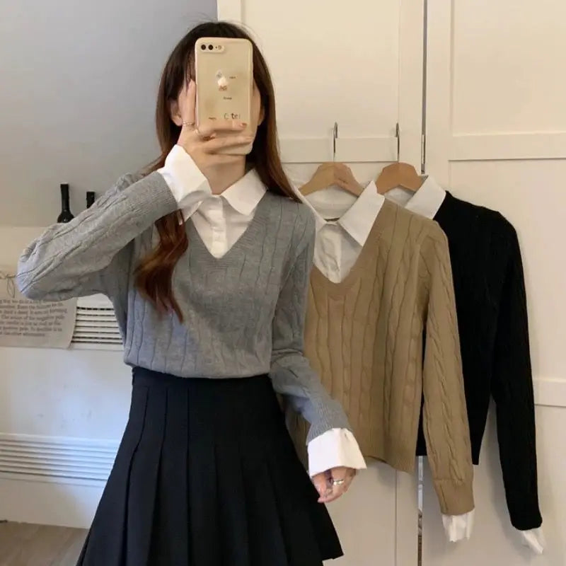 Fake Two Shirts, Knitted Sweater Women's Autumn/winter New Item Shirt Collar Niche Sweater Long Sleeved Top Inner Layer as Base