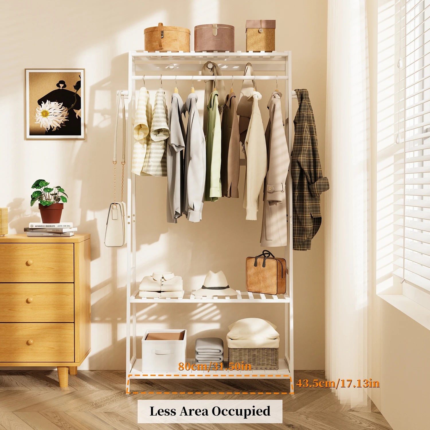 Free Standing Garment Rack Heavy Duty Bamboo Clothes Hanging Stand with Storage Shelves and Hooks