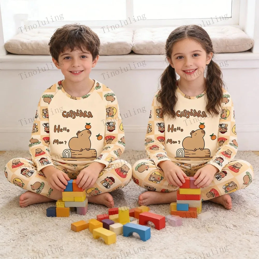 2PC/Set Boys Pajamas Sets Kids Pjs Toddler 3 to 4 5 6 7 8 9 10 11 12 Years Long Sleeve Capybara Funny Pijamas Children Clothing