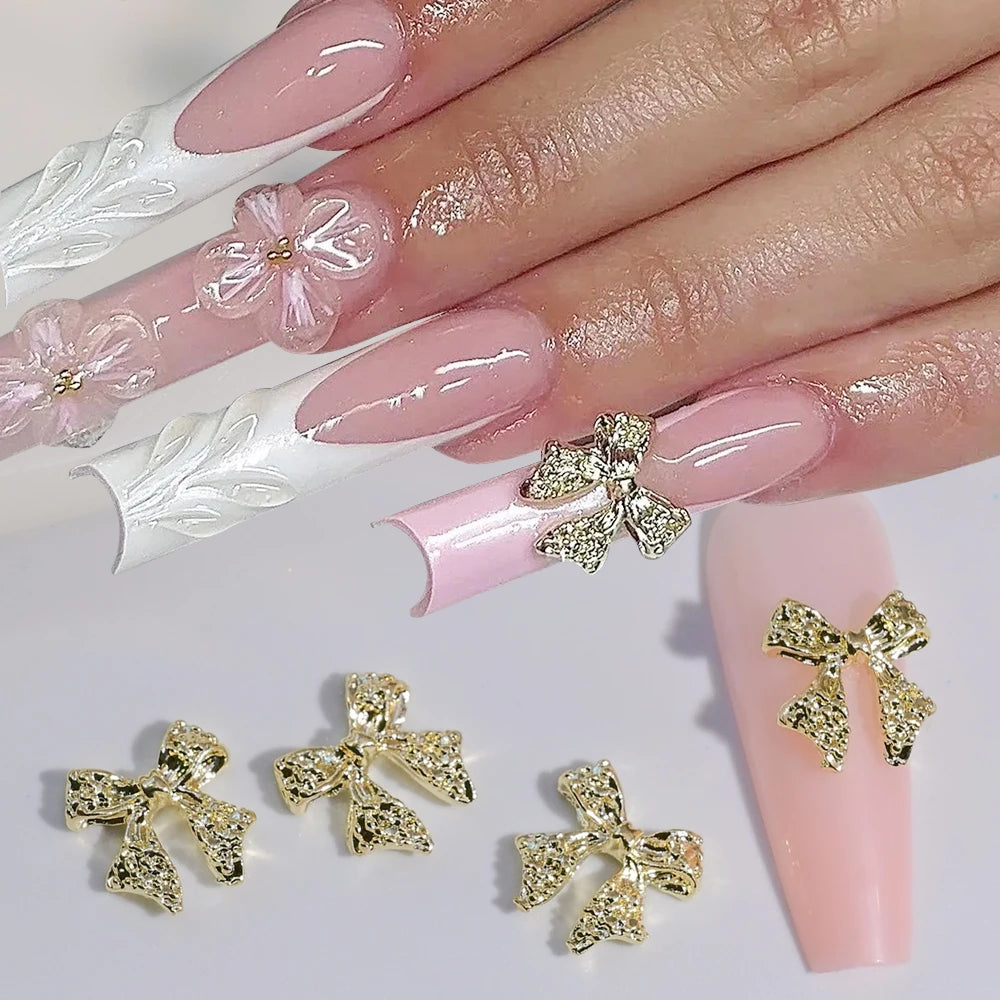 50Pcs Gold/Silver Metal Alloy Ribbion Bowknot Nail Charms 10x11mm Alloy Bowknot Nail Art 3D Luxury Metal Bow Manicure Parts