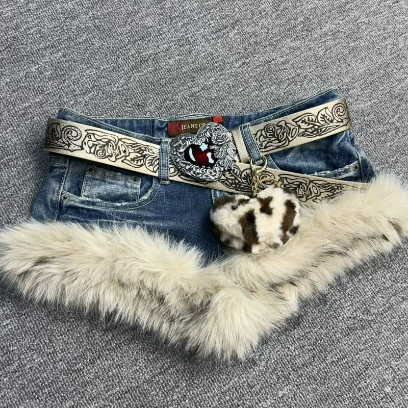Plush Patchwork Denim Shorts