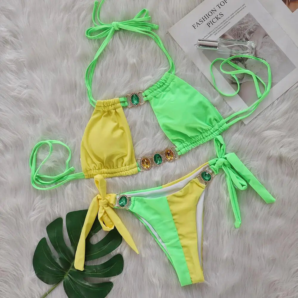 Rhinestones Splicing Bikini Set